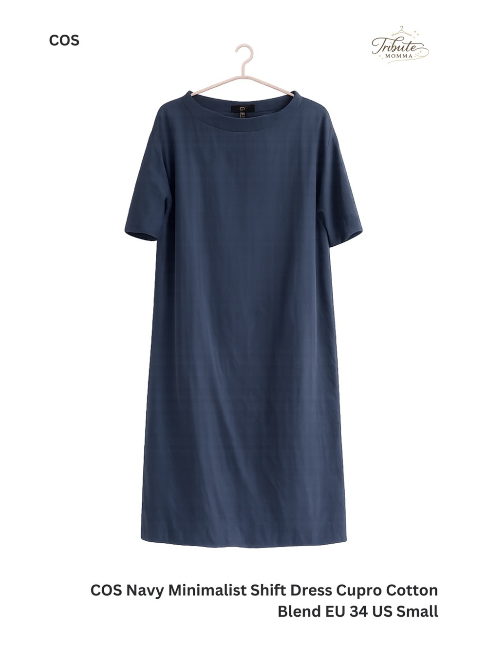 COS Navy Minimalist Shift Dress Cupro Cotton Blend EU 34 US Small